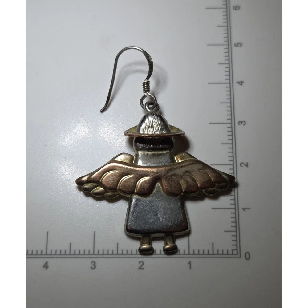 Large Vintage Sterling Silver Mixed Metals Angel Dangle‎ Earrings 925